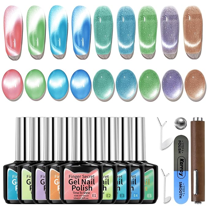 Gel Nail Polish Set, Cat Eye Gel Polish Kit, Holographic Reflective Magnetic Shimmer Glitter Red Green Blue Nail Art, Manicure Salon DIY Gifts, Soak Off, UV/LED Cured (9 Colors E)