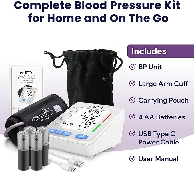 Blood Pressure Monitor for Home Use with Large Upper Arm Cuff - Automatic Talking Pulse and BP Machine with 240 Memory Recalls for 3 Users - Carrying Bag and Batteries Included, Backlit Digital LCD