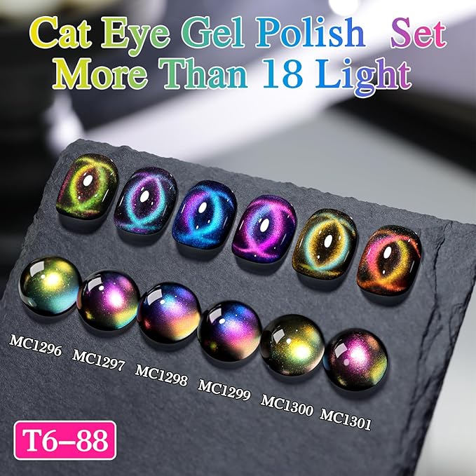 Double Rhythm Cat Eye Gel Nail Polish Set of 6 Same Color Same Bottle 0.5 Oz Shimmer Glitter with Magnet Holographic Reflective Magnetic UV Nail Polish Kit at Home (Holographic Rainbow-T6-88)