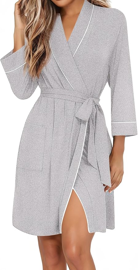 Ekouaer Women Robes Shawl Collar Bathrobe Short Kimono Robe Soft Knit Bathrobes Ladies Sleepwear with Pockets S-XXL