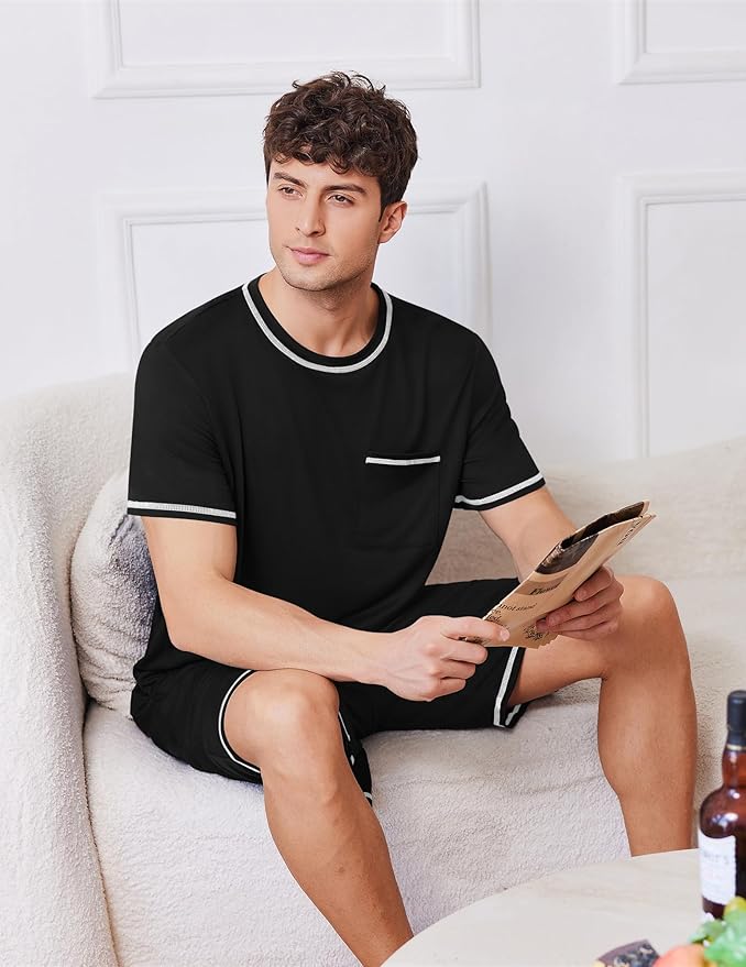 Ekouaer Men's Pajamas Set Casual Short Sleeve Shirts and Shorts Soft 2 Piece Loungewear With Pockets