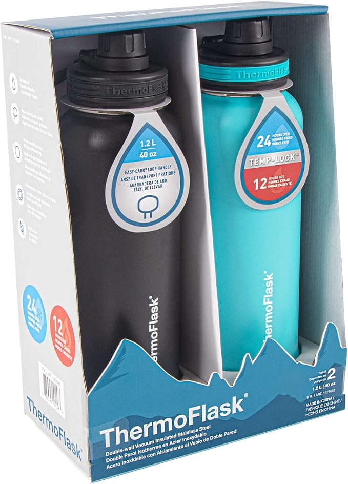 Thermoflask 40 oz Bottle with Spout Lid - Stainless Steel, Double-Wall Insulation & BPA-Free - Leakproof, Resuable - Onyx Black/Splash (2 Pack)