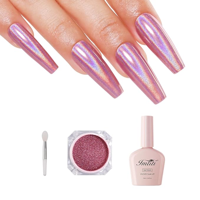 Imtiti Holographic Rose Gold Chrome Nail Powder Kit,1g Holo Iridescent Pink Meatllic Mirror Effect Powder with 10ml White Color Gel Polish Metal Nail UV DIY Kit
