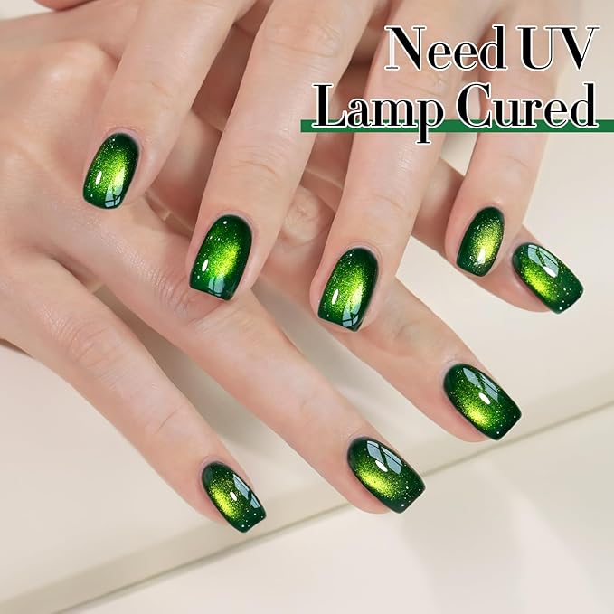 Double Rhythm Cat Eye Gel Polish with Magnet 15ML Holographic Glitter Shimmer Translucent Sheer Color Glass Magnetic Gel Polish Salon DIY at Home (Dark Green-MC1045)