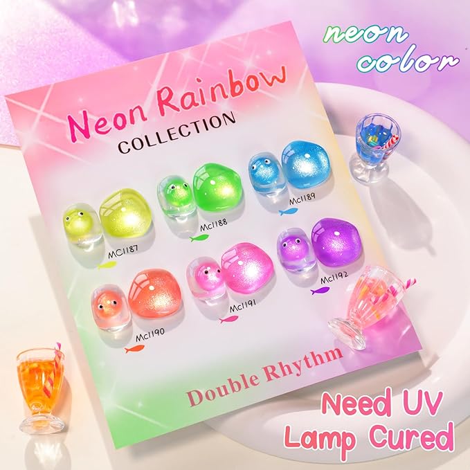 Double Rhythm Cat Eye Gel Nail Polish Set of 6 Same Color Same Bottle 0.5 Oz Shimmer Glitter with Magnet Holographic Reflective Magnetic UV Polish Kit at Home (Neon Orange Red Blue Green-T6-34)