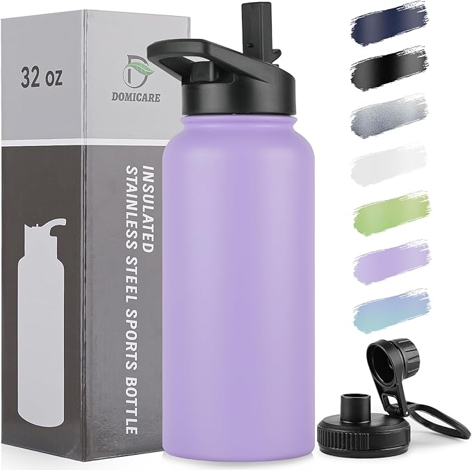 DOMICARE 32 oz Insulated Water Bottle, Vacuum Insulated Stainless Steel Sports Water Bottle with Straw Lid & Spout Lid, Leakproof, Reusable - Travel, Camping, Bike, Purple