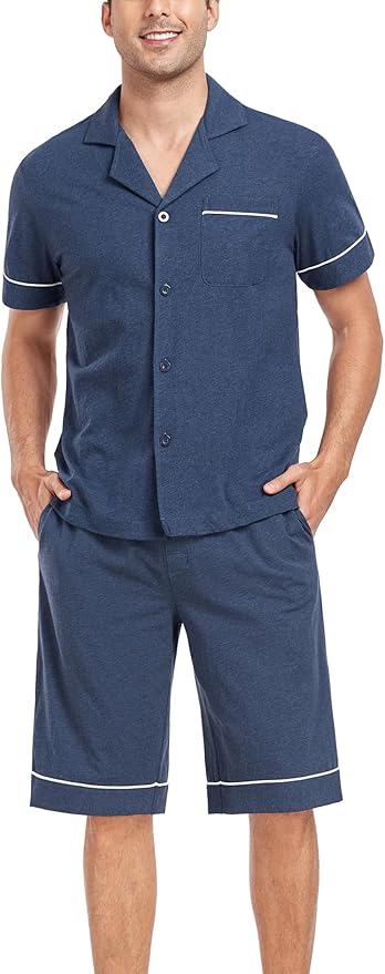 COLORFULLEAF Men's 100% Cotton Short Sleeve Pajama Sets Button Down Notched Collar Sleepwear Soft Lounge Pjs with Pockets