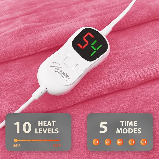 Homemate Electric Heated Blanket Twin Size - 62"x84" Heating Blanket Twin Size 1/2/4/6/8 Hours Auto-Off 10 Heat Level Over-Heat Protection Flannel Sherpa ETL Certification