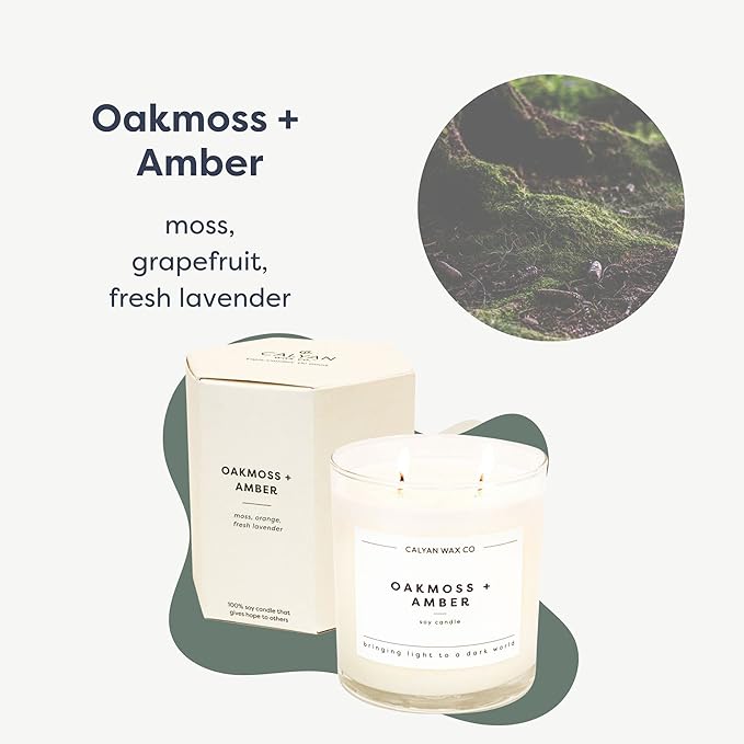 Calyan Wax Co. Oakmoss & Amber 2 Wick Scented Candle - 37 Hour Burn - Luxury Non Toxic Soy Wax Candles - Long Lasting Large Glass Jar Candle for Home - 8.8oz