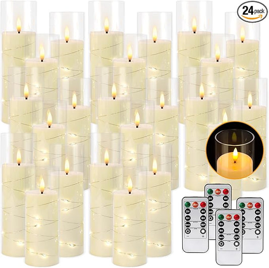 24 Pack Acrylic Flameless Candles,with Embedded Star String, Battery Operated Candles Flickering LED Pillar Candles with Remote Control and Timer, Ideal for Indoor/Outdoor Decor,Wedding,BBQ and Gift.