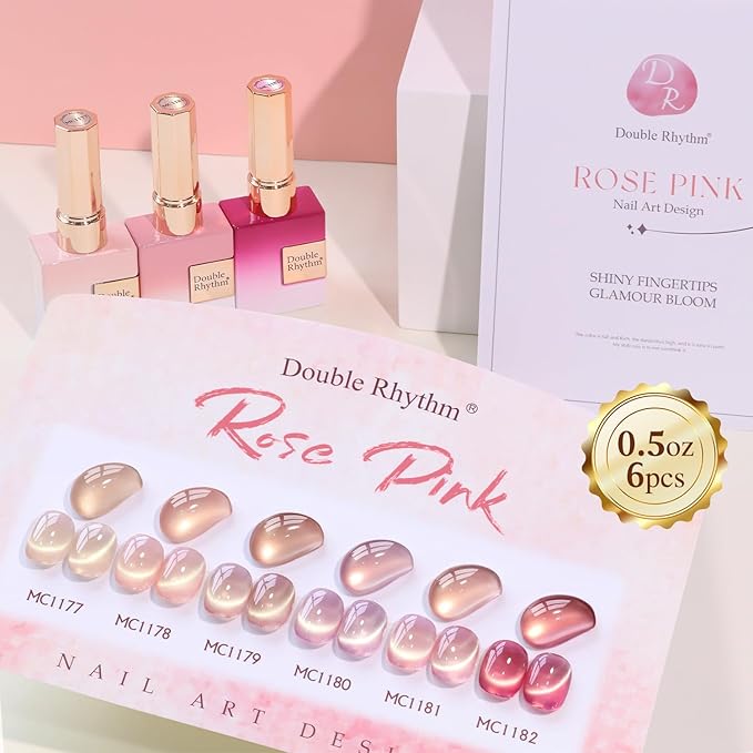 Double Rhythm Cat Eye Gel Nail Polish Set of 6 Same Color Same Bottle 0.5 Oz Shimmer Glitter with Magnet Holographic Reflective Magnetic UV Nail Polish Kit at Home (Glass Nude Pink Rose-T6-32)