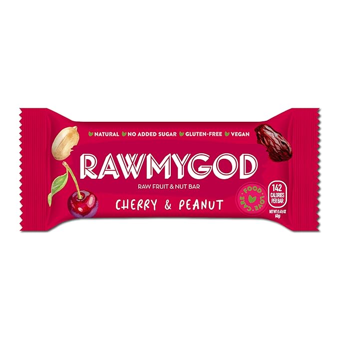 RAWMYGOD Fruit and Nut Bars, Gluten Free, Vegan, No Added Sugar (16 bars, Cherry & Peanut)