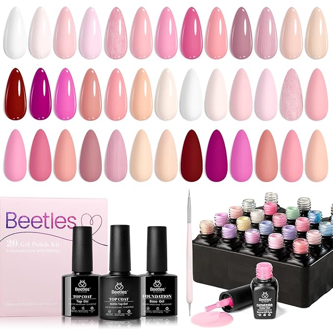 Beetles Pink Gel Nail Polish – Dare to Bare Gel Polish Set, 20 Color Soak off Uv Led Manicure Kit with 3Pcs Base Coat Matte Glossy for DIY Manicure Gift for Women