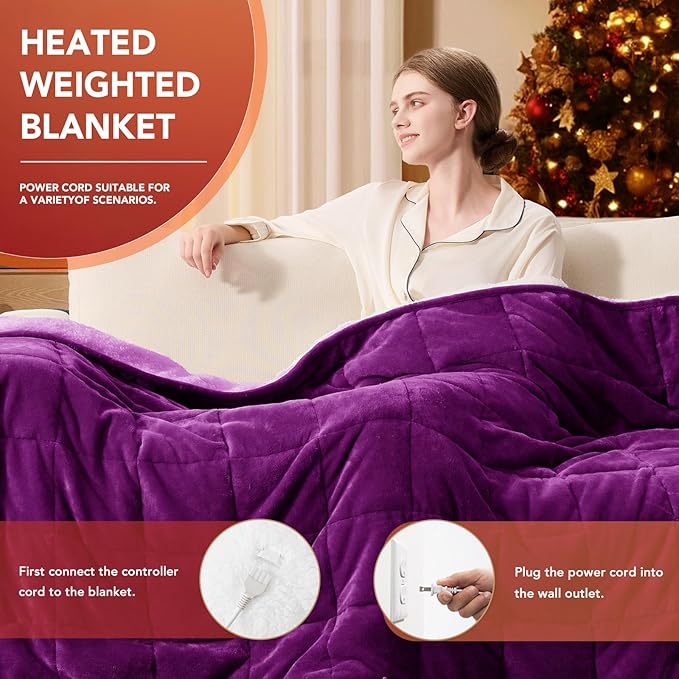Homemate Heated Weighted Blanket for Adults - 50"x60" 12lbs Electric Throw Fast Heating Heavy Blanket 1/2/4/6/8 Hour Auto Off 10 Heat Levels Over-Heat Protection Comfortable Flannel Sherpa