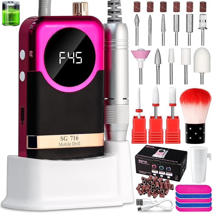 LIMEGIRL Professional Electric Nail Drill Kit 45000RPM Portable Cordless Toenail Cordless Toenail Machine with 14 Drill Bits and Base for Women(Rose Red)
