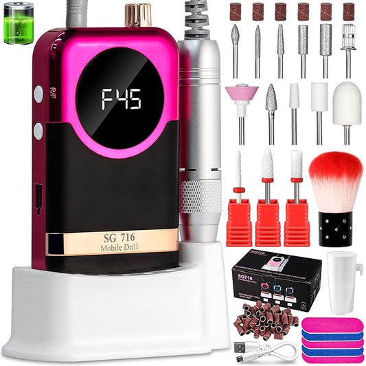 LIMEGIRL Professional Electric Nail Drill Kit 45000RPM Portable Cordless Toenail Cordless Toenail Machine with 14 Drill Bits and Base for Women(Rose Red)