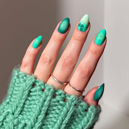 Glamnetic Press On Nails - Siren Green | Short Almond Fake Nails with an Aquamarine Gradient and Tropical Flower Accents, Salon Quality Summer Nails | 15 Sizes - 30 Nail Kit with Glue