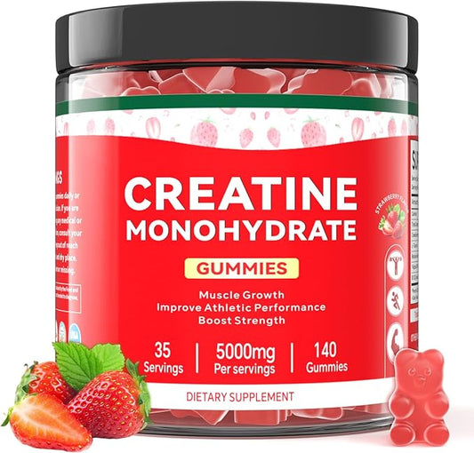 Creatine Monohydrate Gummies for Men & Women, 140 Gummies, Strength and Endurance Enhancing Creatine Chews, Gluten Free, Sugar Free, Strawberry Flavor