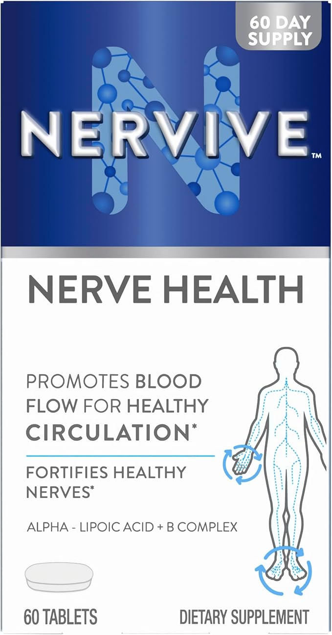 Nervive Nerve Health, with Alpha Lipoic Acid, to Fortify Nerve Health and Function in Fingers, Hands, Toes, & Feet*, and Support Healthy Circulation, ALA, Vitamins B12, B6, & B1, 60 Tablets