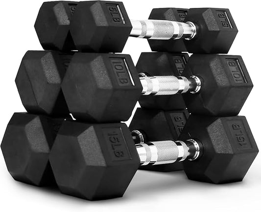 60 lb Dumbbells Set of 3 Pairs (5, 10, 15 lb) – Rubber Encased Hex Weight Dumbbell Set, Cast Iron Home Gym Equipment for Full-Body Strength Training