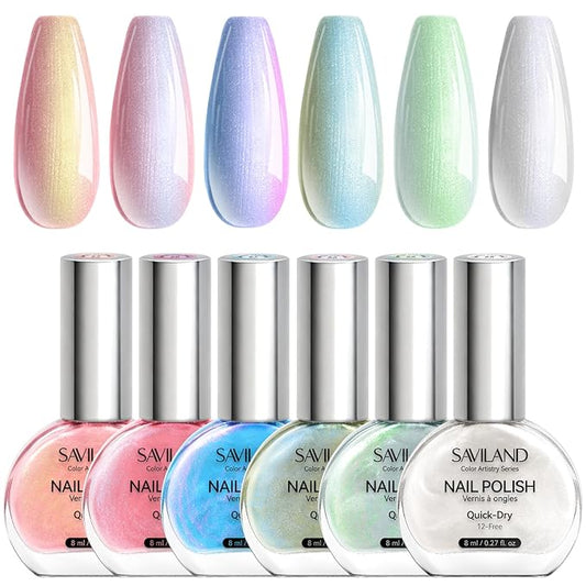 SAVILAND Pearlescent Nail Polish Set: Quick Dry Mermaid Nail Polish 6-Color Pearl Pink Blue White Nail Lacquer Polish Kit 12-Free with Castor Oil Aurora Nail Art DIY Manicure Women Christmas Gift