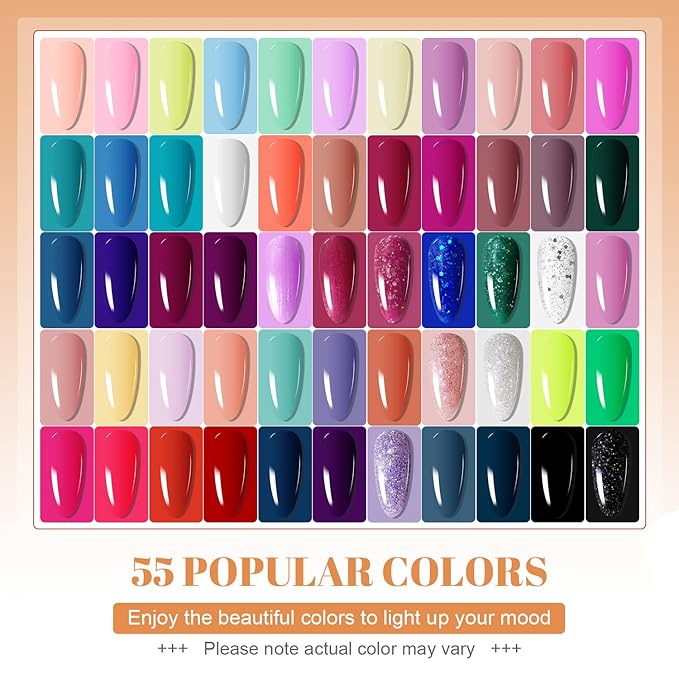 JODSONE 60 PCS Gel Nail Polish Starter Kit 55 Color Combination of Light and Dark Colors Emerald Green Klein Blue Soak off No Wipe Base Coat Matte and Glossy Top Coat Nail Gel Kit