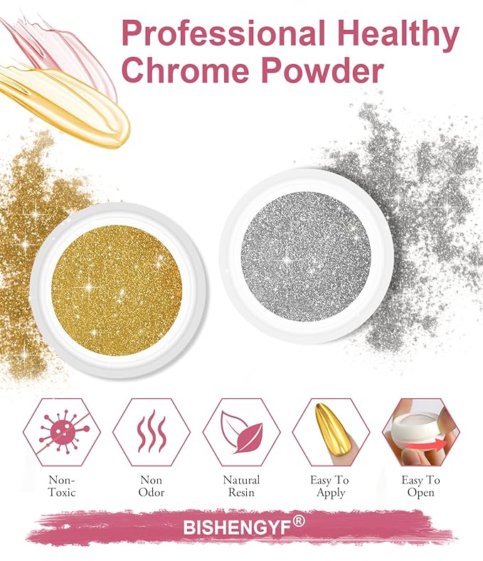 Gold Chrome Nail Powder - Sparkly Laser Holographic Nail Powder Metallic Mirror Effect Silver Nail Chrome POwder, White Pearl Pigment Holo Iridescent Glitter Dust Kit, Nail Art Decoration