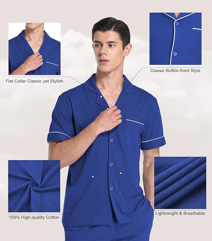 COLORFULLEAF Men's 100% Cotton Pajamas Set Button Down Sleepwear Short Sleeve and Long Pants Pjs