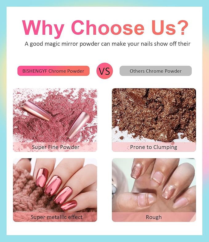 Gold Chrome Nail Powder BISHENGYF -【Fairy Effect】Pink Chrome Nail Powder White Pearl Aurora Mermaid Iridescent Rose Gold Red Nail Chrome Powder Metallic Mirror Glitter Pigment Dust for Nail Art DIY