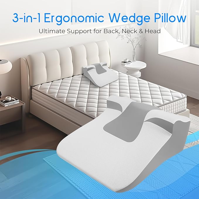 Bed Wedge Pillow for Sleep Apnea, Acid Reflux & Snoring Relief - Post-Surgery Recovery Pillow with Ergonomic 3-in-1 Certified Memory Foam for Back, Neck & Head Support - Ideal for Back & Side Sleepers