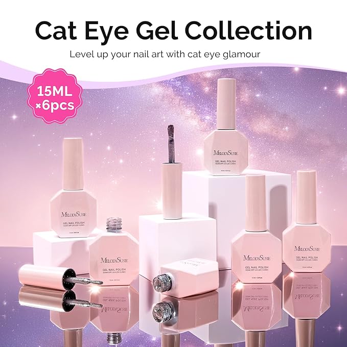 MelodySusie Chameleon Cat Eye Gel Nail Polish Set 6 PCS, 15ml 0.5 Fl Oz Nude Pink Silver Glitter Holographic Magnetic Nail Polish with Magnet, UV Nail Polish for Nail Art Manicure Salon DIY at Home