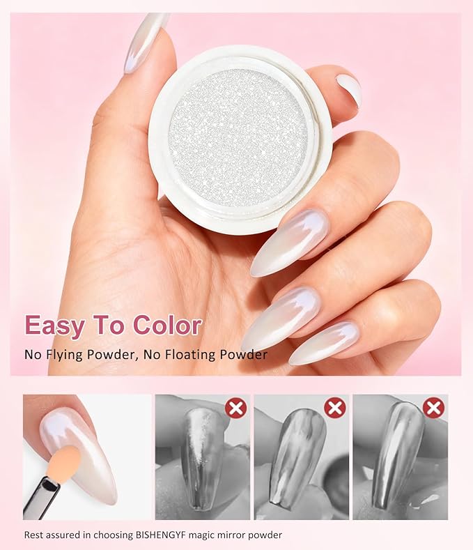 Gold Chrome Nail Powder - Sparkly Laser Holographic Nail Powder Metallic Mirror Effect Silver Nail Chrome POwder, White Pearl Pigment Holo Iridescent Glitter Dust Kit, Nail Art Decoration