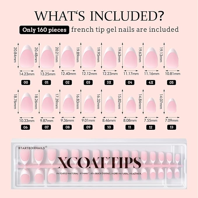 BTArtboxnails French Gel Nail Tips - French Tip Press on Nails Pink Short Almond XCOATTIPS for Nail Extensions