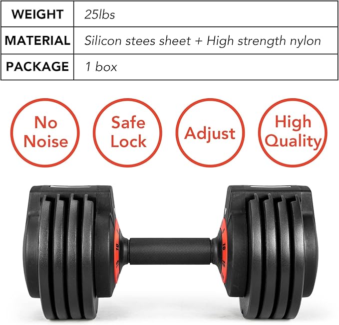 25/55 lbs Pair Adjustable Dumbbells Set, Adjustable Weights Dumbbells Set for Men and Women with Anti-Slip Fast Adjust Weight by Turning Handle,Black Dumbbell with Tray