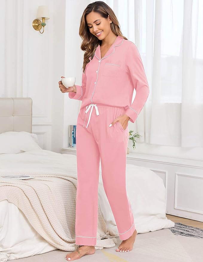 Veseacky 100% Cotton Pajamas for Women Set Long Sleeve Button Down Sleepwear Soft Pjs Lounge Sets with Pockets S-XXL