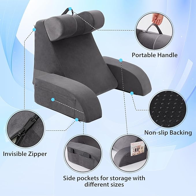 Reading Pillow for Sitting in Bed Adult, Back Pillow for Bed Sitting up, Backrest Pillow with Arms, Back Support Pillows for Gaming Lounging Watching TV, Large 21" Grey