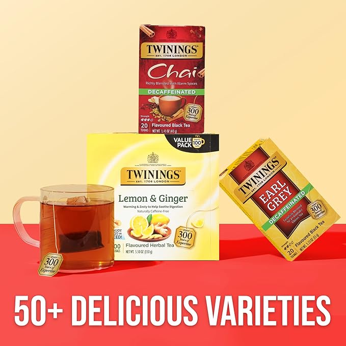Twinings Decaffeinated Chai Individually Wrapped Bags, 20 Count (Pack of 6), Sweet, Savoury Spices, Enjoy Hot or Iced, 120 Teabags
