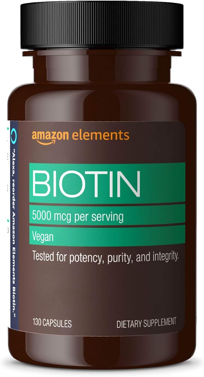 Amazon Elements Vegan Biotin 5000 mcg - Hair, Skin, Nails, 130 Capsules (4 month supply) (Packaging may vary)