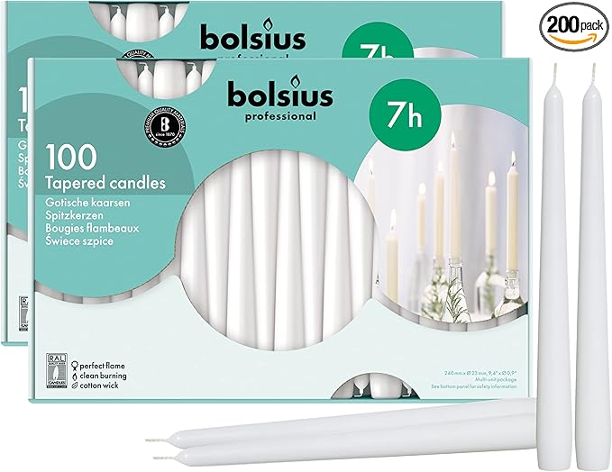 BOLSIUS White Taper Candles - Bulk Case of 2 Packs = Total 200 Candles - 7+ Hours - Premium European Quality - Consistent Smokeless Flame - Unscented Dripless Candlesticks