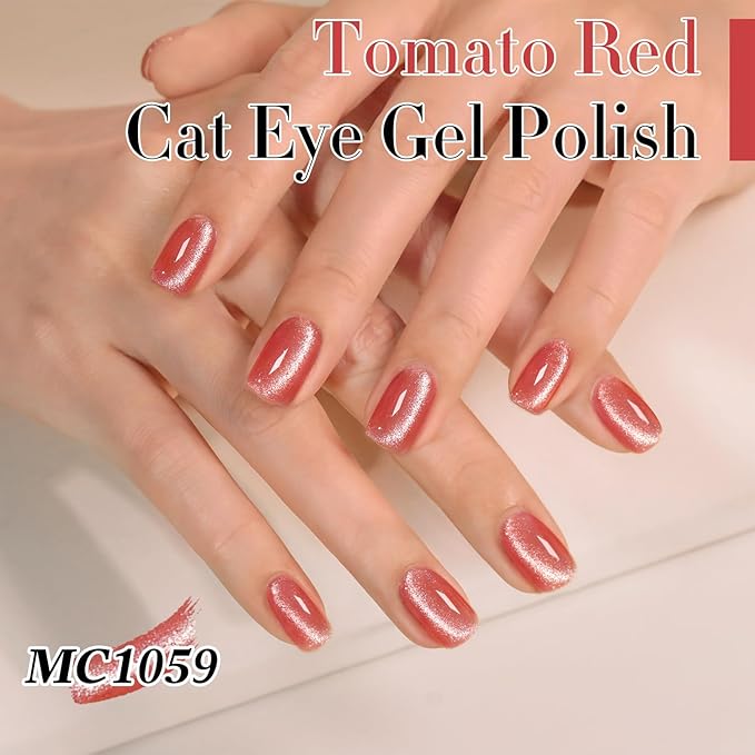Double Rhythm Cat Eye Gel Polish with Magnet 15ML Holographic Glitter Shimmer Translucent Jelly Color 0.5 OZ Magnetic Gel Polish Salon DIY at Home (Rose Peach-MC1059)