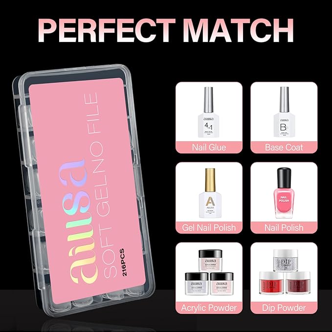 AILLSA Extra Short Square Nail Tips Full Cover Half Matte Nail Tips Clear Gelly Pre-Shaped Nails Tip Press On False Tip Extension for Home DIY Manicure Salon 216PCS 12 Sizes