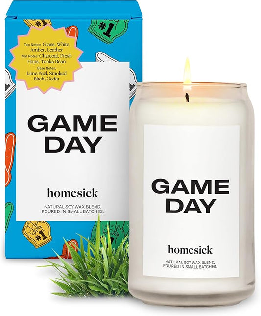 Homesick Scented Candles for Home (Game Day) - 13.75 oz Long-Lasting Soy Wax Blend Jar Candle Gifts for Women & Men, 60-80 Hours Burn Time - Notes of White Amber, Tonka Bean & Smoked Birch