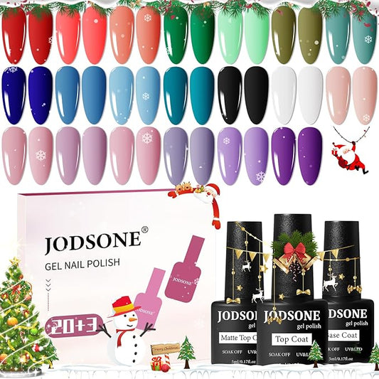 JODSONE Gel Nail Set 20+3 Colors High Shine Gorgeous Gel Polish Base Top Matte Coat Nice Gifts Show Charm