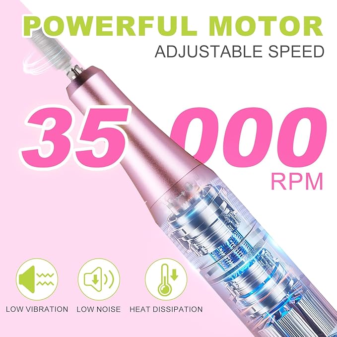 MEKK Nail Drill Kit,35000RPM Electric Nail Drill Professional Electric Nail File with 12PCS Bits,Anti-Shaking Cordless E Filer for Nails,Home & Salon(Pink-Green)