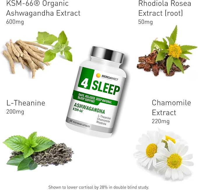 BergaMet 4 Sleep Support Formula with Ashwagandha KSM-66, Rhodiola, Chamomile Extract & L-Theanine – Natural Aid for Restful Nights and Stress Relief with no Melatonin – 60 Capsules