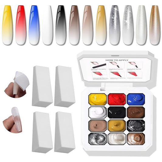 Metallic Gel Polish Set, Glitter Golid Silver Brown Blue Red, 12 Colors Ombre Patting Gel Nail Polish Palette,100 Sponges 6 Brushes 1 Grabber, Painting Art No Wipe UV/LED Cured (Palette F)