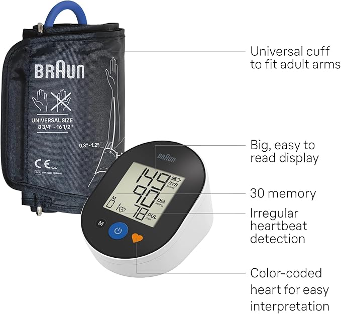 Braun ExactFit™ 2 Blood Pressure Monitor for Home Use - Accurate Blood Pressure Machine, Color-Coded Results, Large Display BP Monitor, Universal Upper Arm Cuff, 30 Memory Slots, FSA and HSA Eligible