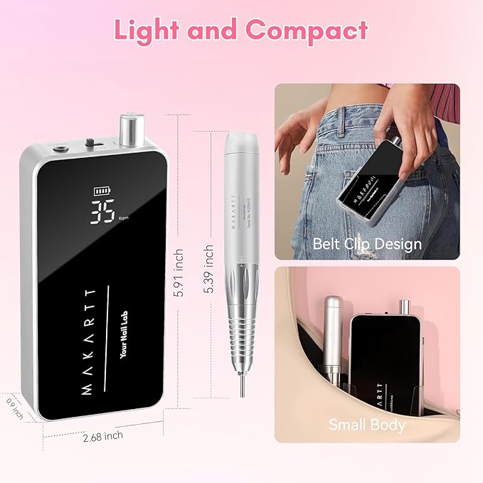 Makartt Electric Nail Drill - 35000RPM Rechargeable Efile with Coreless Motor, Nouvella Portable Nail Filer Machine for Acrylic Gel Removal with Drill Bits Set, Black