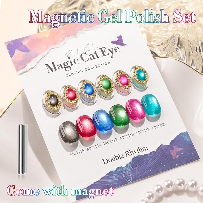 Double Rhythm Cat Eye Gel Nail Polish Set of 6 Same Color Same Bottle 0.5 Oz Shimmer Glitter with Magnet Holographic Reflective Magnetic UV Polish Kit at Home (Black Red Green Navy-T6-44)