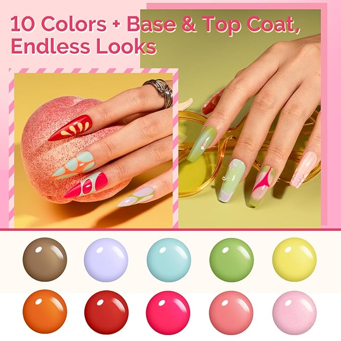 MelodySusie Highly Pigmented Gel Nail Polish Set with Mini UV Light, Plant-Based Formula, 10 Dopamine Colors + 2 Glassy Top & Base Coat, 16.5ml Tilt-and-Stand Bottle, Gift for Nail Art at Home